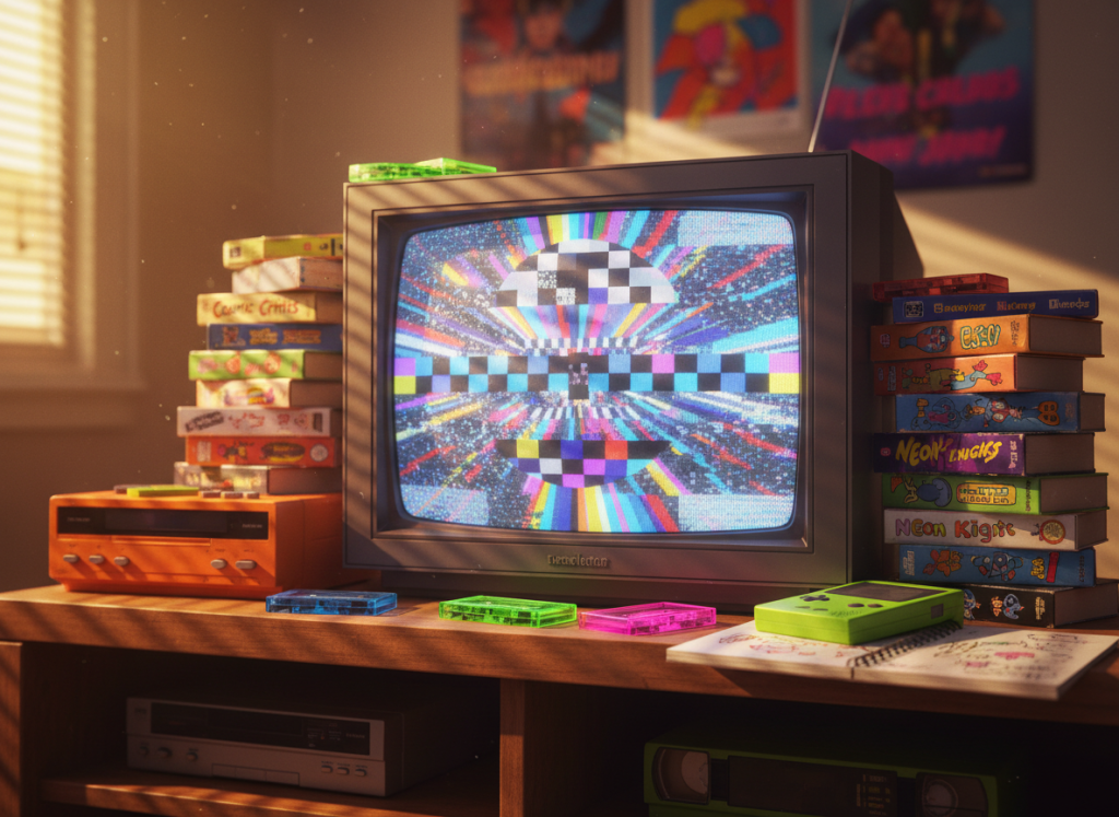 A vibrant, overflowing retro TV shrine arranged on a low, chunky wooden entertainment unit, featuring a boxy silver CRT television with curved glass screen displaying a colorful static test pattern reminiscent of 90s kids’ channels. Surrounding the TV are neatly stacked VHS tapes with worn, illustrated cartoon covers, translucent neon cassette tapes, a bright orange plastic VCR, and a lime-green Game Boy resting on a spiral-bound doodle-covered notebook. Warm, late-afternoon sunlight streams through off-frame blinds, casting striped shadows across the dust-speckled screen. Shot at eye level in photographic realism with rich, saturated colors, shallow depth of field, and a playful, nostalgic mood, the background softly blurred to suggest a cozy bedroom plastered with indistinct posters.